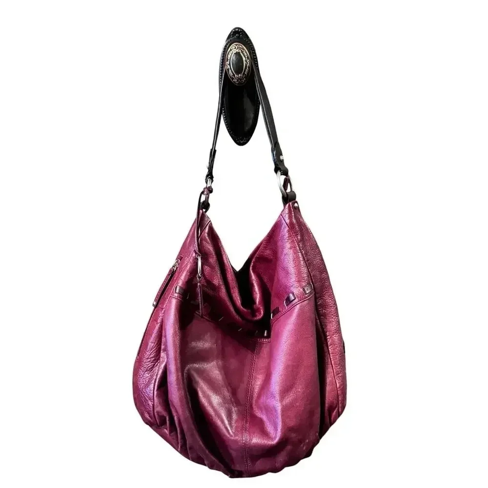 Ellington Hobo Bag Large Burgundy Pebbled‎ Leather Woven Detail Boho Chic